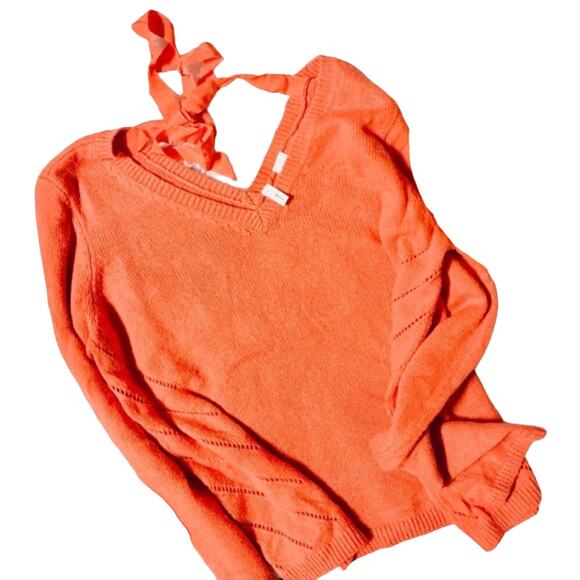 ANTHROPOLOGIE Moth Orange VNeck Tie Back Open Knit Detail Pullover Sweater M - Picture 5 of 8